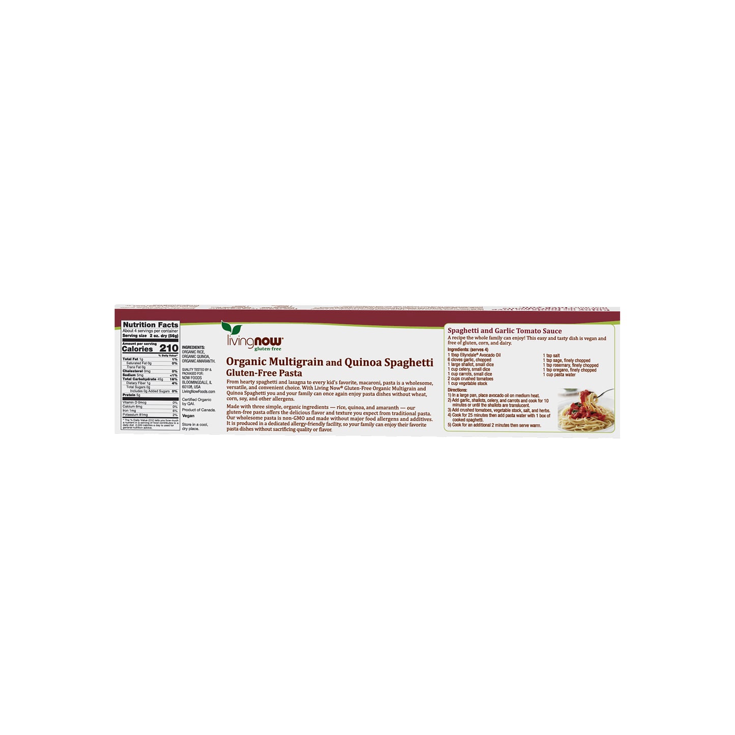 Gluten-free quinoa spaghetti pasta by Living Now in 8 oz package
