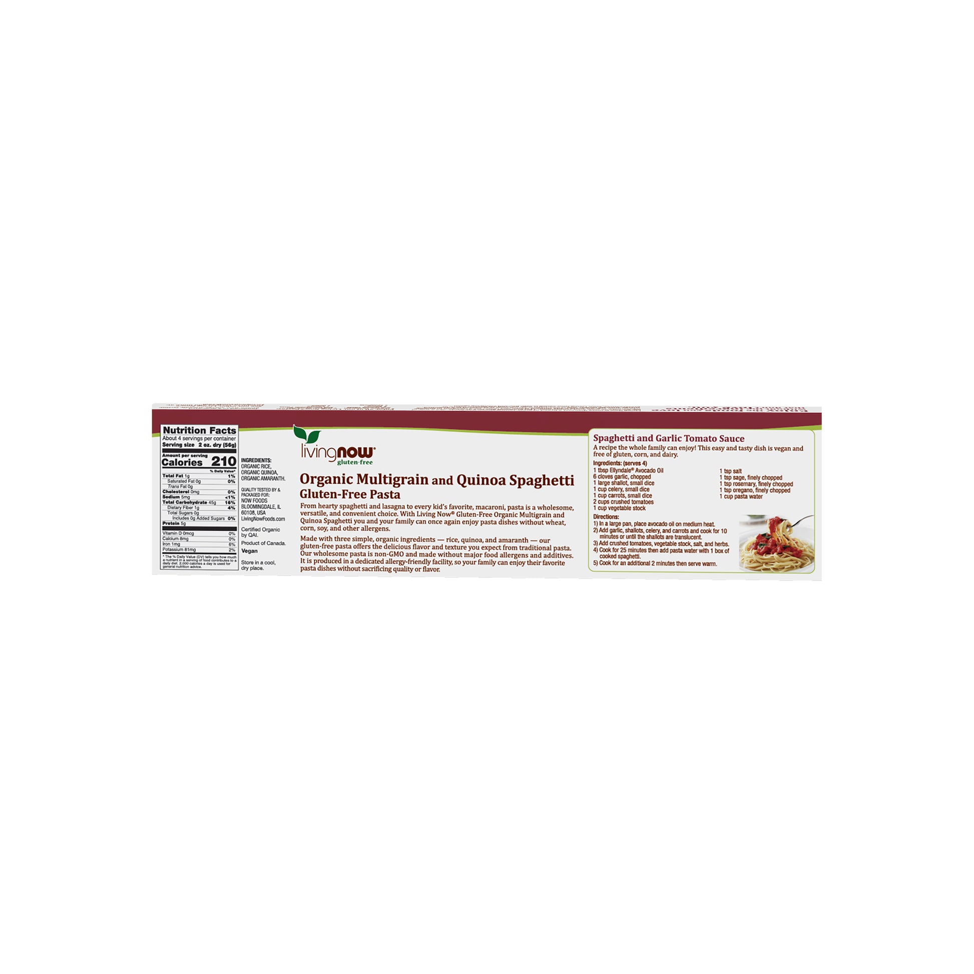 Gluten-free quinoa spaghetti pasta by Living Now in 8 oz package