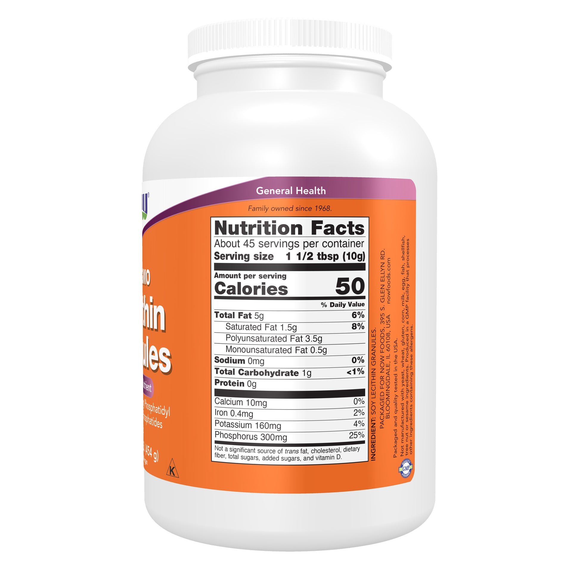 NOW Non-GMO Lecithin Granules 454 g dietary supplement bottle