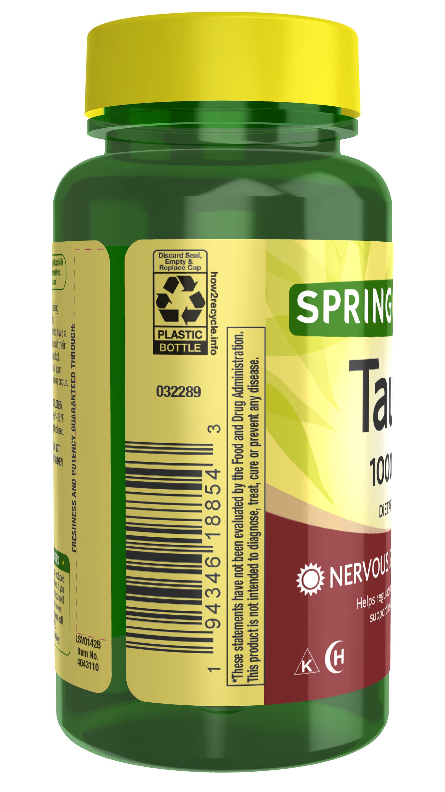 Spring Valley Taurine 1000 mg Vegetarian Capsules, Nervous System & Visual Function Support, 60 Count