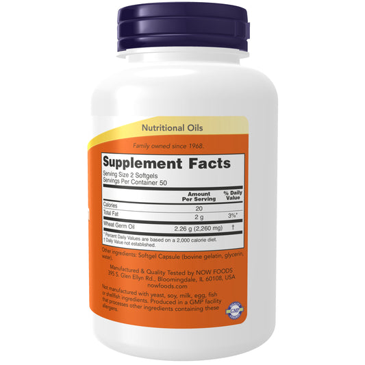 NOW Wheat Germ Oil 1130 mg dietary supplement bottle with 100 softgels