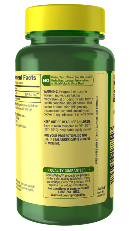 Spring Valley Taurine 1000 mg Vegetarian Capsules, Nervous System & Visual Function Support, 60 Count