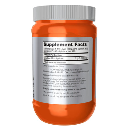 NOW Sports Creatine Monohydrate pure powder supplement, 600 g container