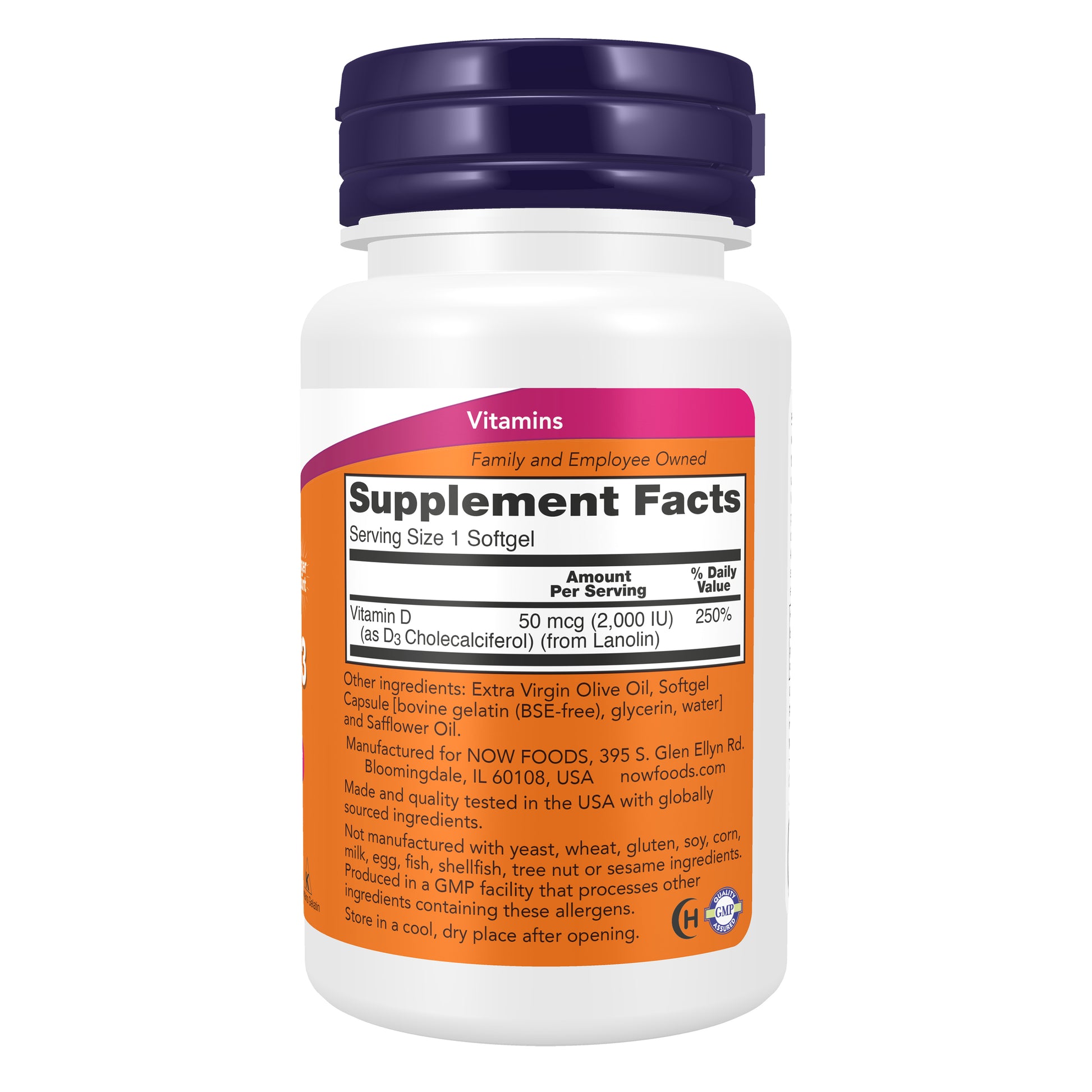 NOW Vitamin D3 2,000 IU dietary supplement bottle with 240 softgels