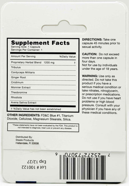 Botanical ingredient breakdown featuring Tribulus, Cordyceps, Ginger Root, and Rhodiola