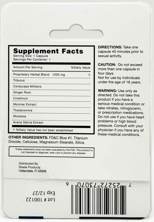 Botanical ingredient breakdown featuring Tribulus, Cordyceps, Ginger Root, and Rhodiola