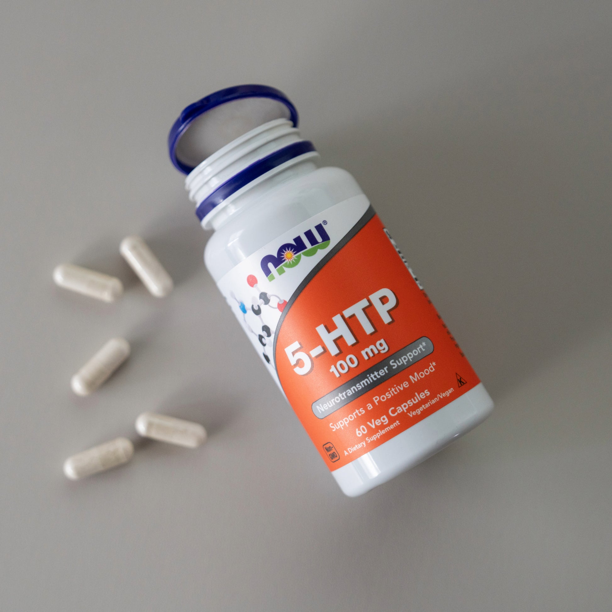 NOW 5-HTP 100 mg vegetarian vegan capsules for neurotransmitter support
