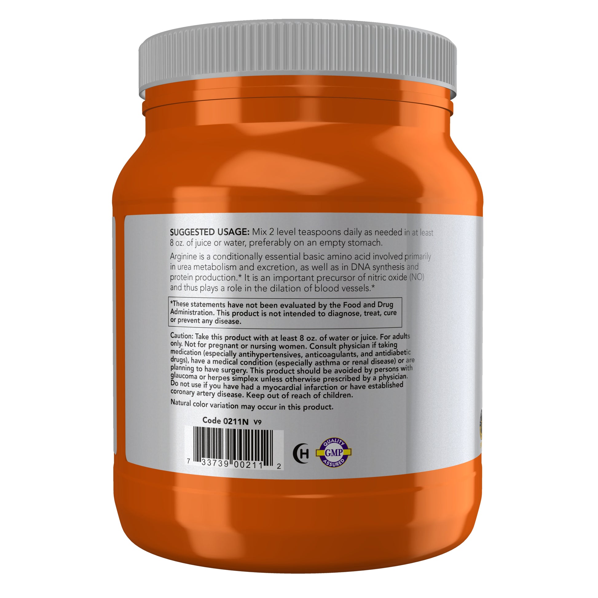 NOW Sports L-Arginine Powder with nitric oxide precursor label
