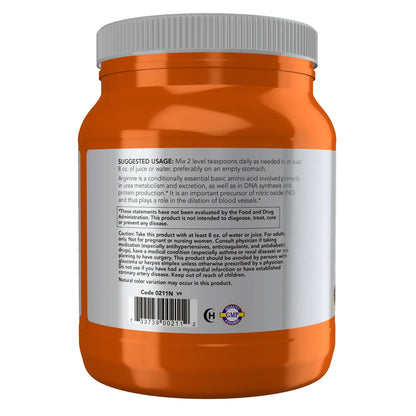 NOW Sports L-Arginine Powder with nitric oxide precursor label