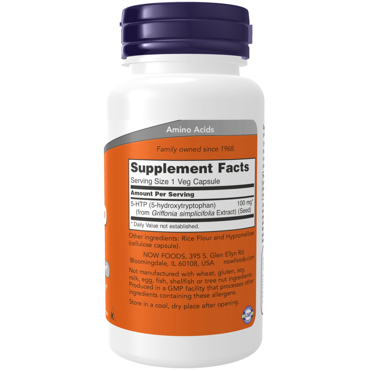 NOW 5-HTP supplement bottle with orange label and purple cap