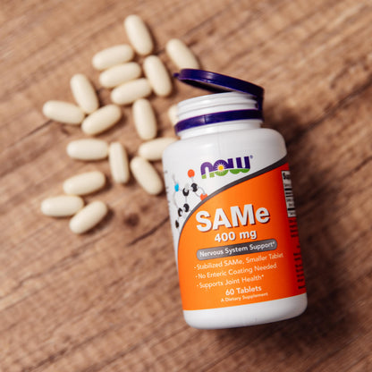NOW SAMe 400 mg bottle with orange label and purple cap