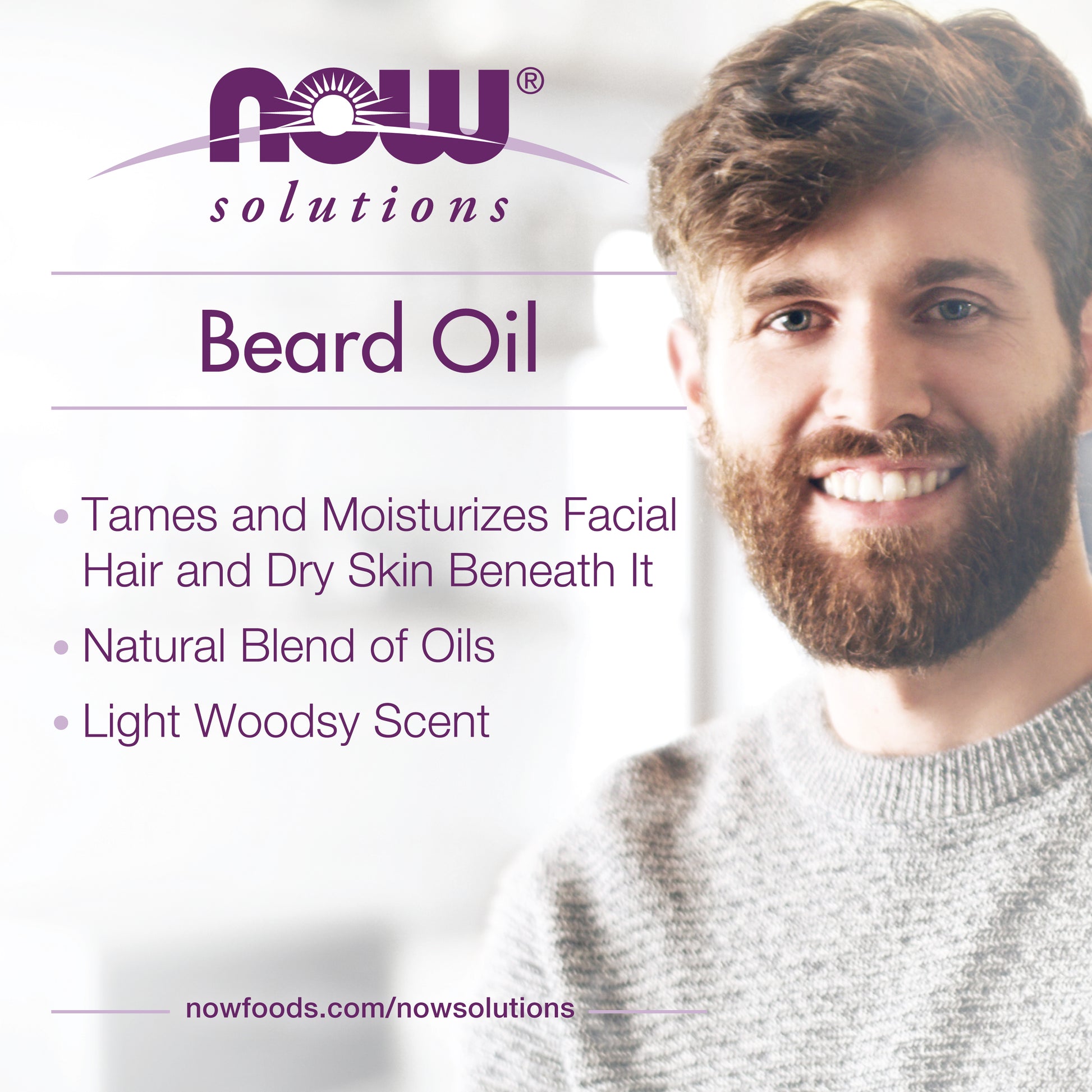 NOW Solutions Beard Oil bottle with light woodsy scent, 1 fl oz