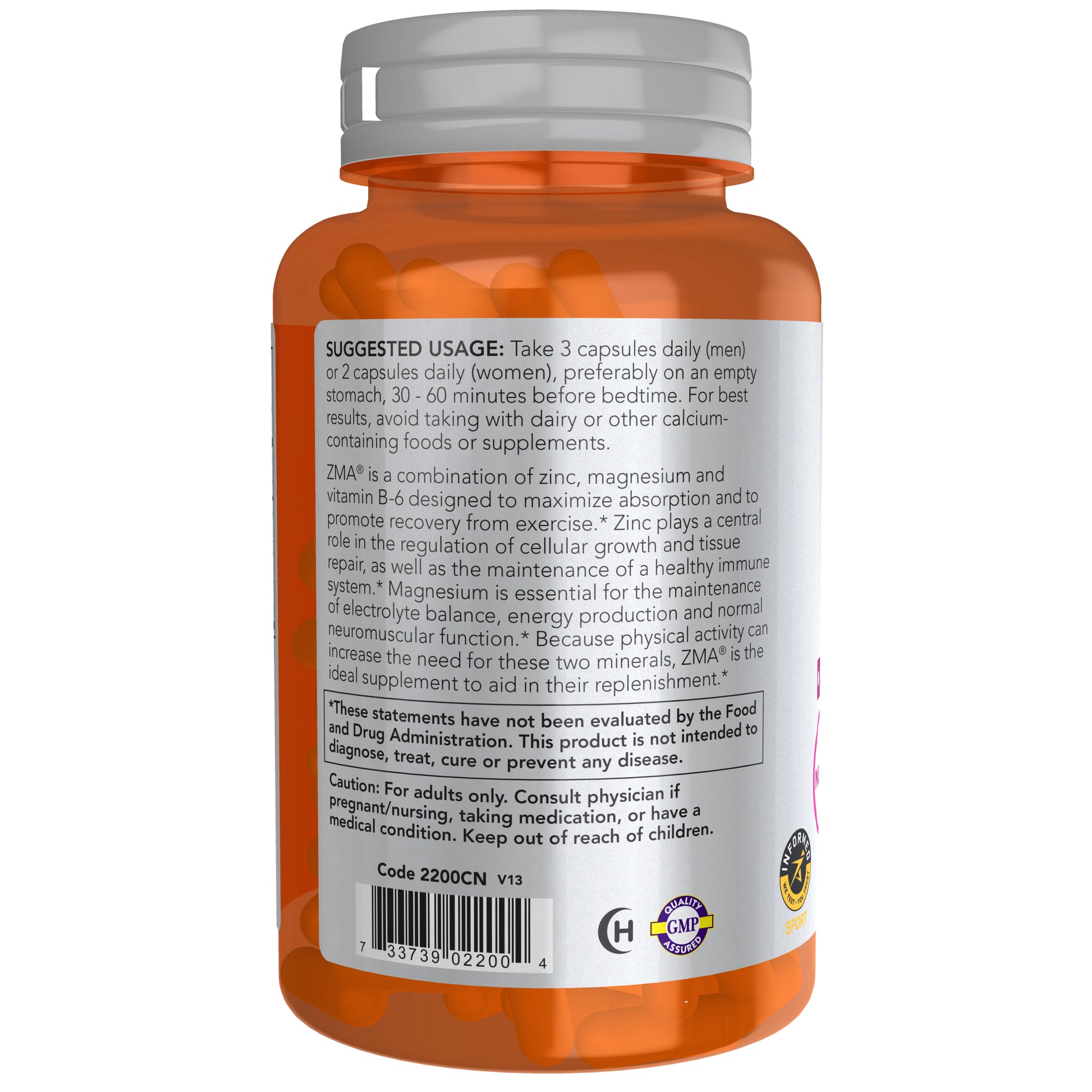 Orange bottle of NOW Sports ZMA dietary supplement capsules
