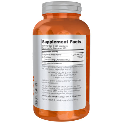 NOW Sports Arginine & Ornithine supplement for protein metabolism support