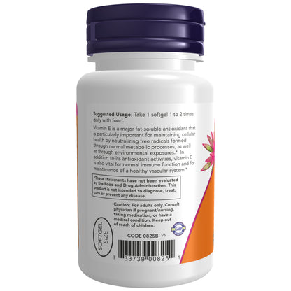 NOW E-200 d-alpha Tocopheryl dietary supplement bottle with 100 softgels