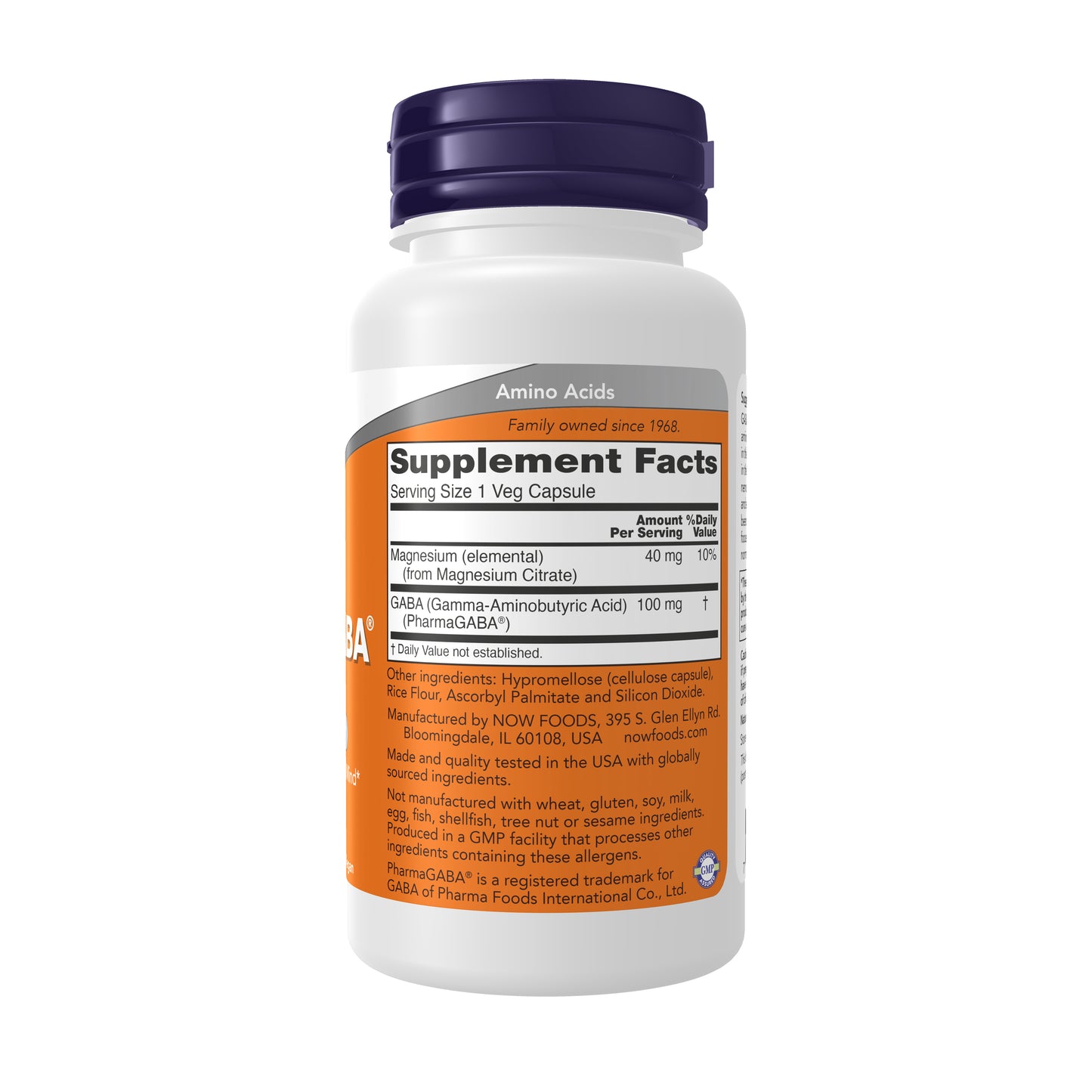 NOW PharmaGABA 100 mg supplement bottle with 90 veg capsules