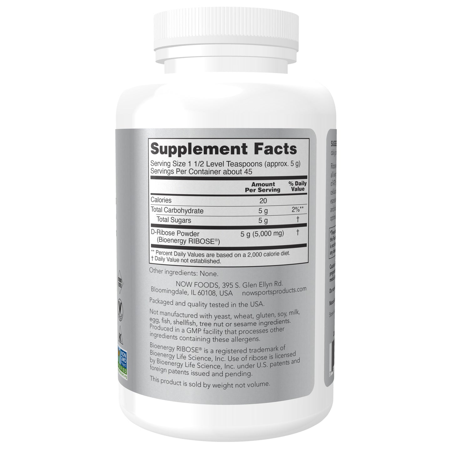 NOW Sports D-Ribose Powder 5,000 mg, ATP Energy Production Support, 8 oz