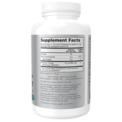 NOW Sports D-Ribose Powder 5,000 mg, ATP Energy Production Support, 8 oz