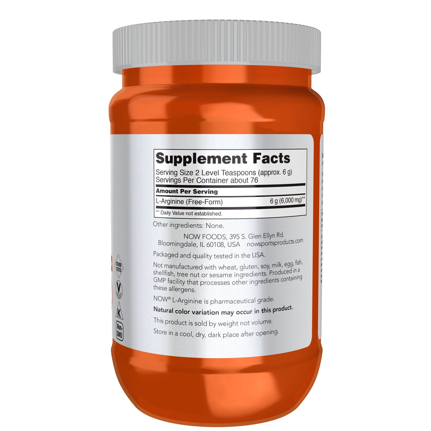 NOW Sports L-Arginine Powder amino acid supplement, 1 lb orange bottle