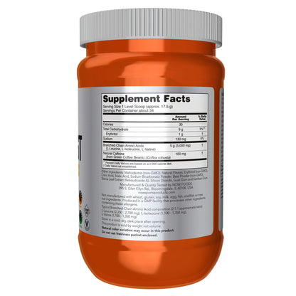NOW Sports BCAA Blast Tropical Punch supplement powder, 600 g orange bottle