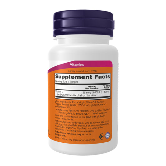 NOW Foods Vitamin D3 5,000 IU softgels for bone and immune health support