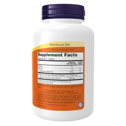 NOW Borage Oil 1000 mg dietary supplement bottle with 120 softgels